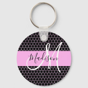 Glam Black Metallic Pink Honeycomb Monogram Name Schlüsselanhänger