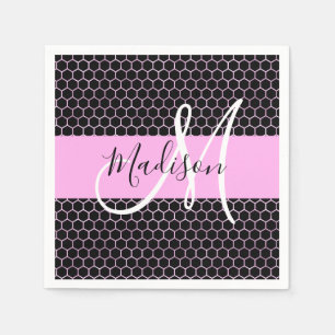 Glam Black Metallic Pink Honeycomb Monogram Name Serviette