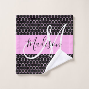 Glam Black Metallic Pink Honeycomb Monogram Name Waschlappen