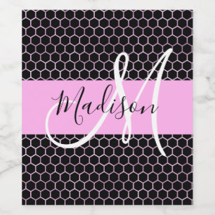 Glam Black Metallic Pink Honeycomb Monogram Name Weinetikett