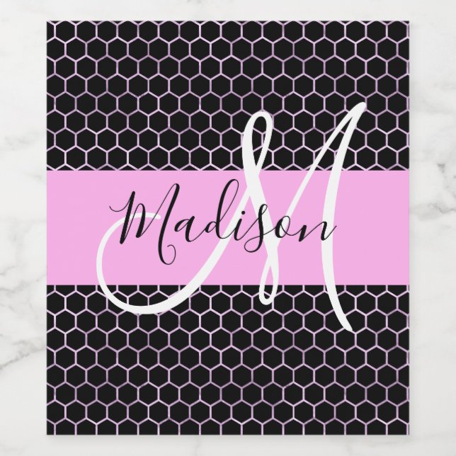Glam Black Metallic Pink Honeycomb Monogram Name Weinetikett (Einzelnes Label)
