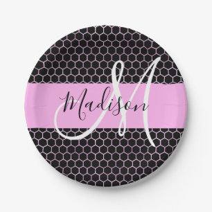 Glam Black Metallic Pink Waben-Monogramm-Name Pappteller