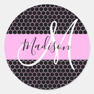 Glam Black Metallic Pink Waben-Monogramm-Name Runder Aufkleber