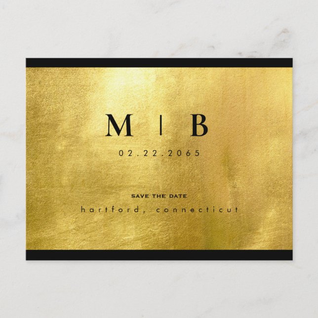 Glam Black Monogram & Gold Sleek Save the Date Postkarte (Vorderseite)