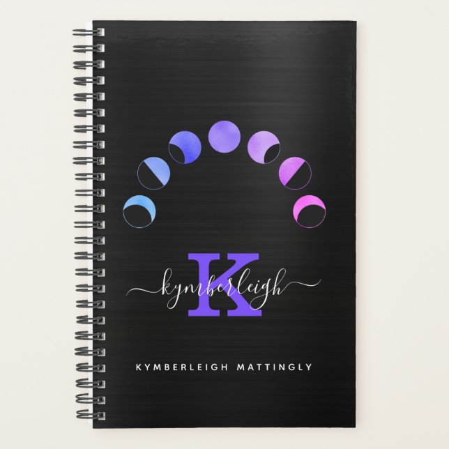 Glam Black Moon Phases Pastellfarben Monogramm Nam Planer (Vorderseite)