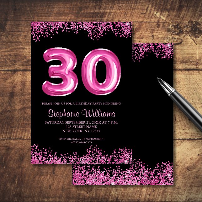 Glam Black Pink Foil Ballon 30. Geburtstag Party Einladung (Add your event details to personalize.  Matching items available in the collection.)