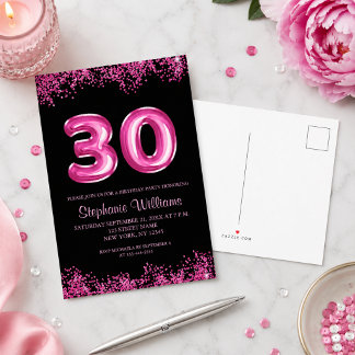Glam Black Pink Foil Ballon 30. Geburtstag Party Einladungspostkarte