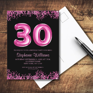 Glam Black Pink Foil Ballon 30. Geburtstag Party Einladungspostkarte