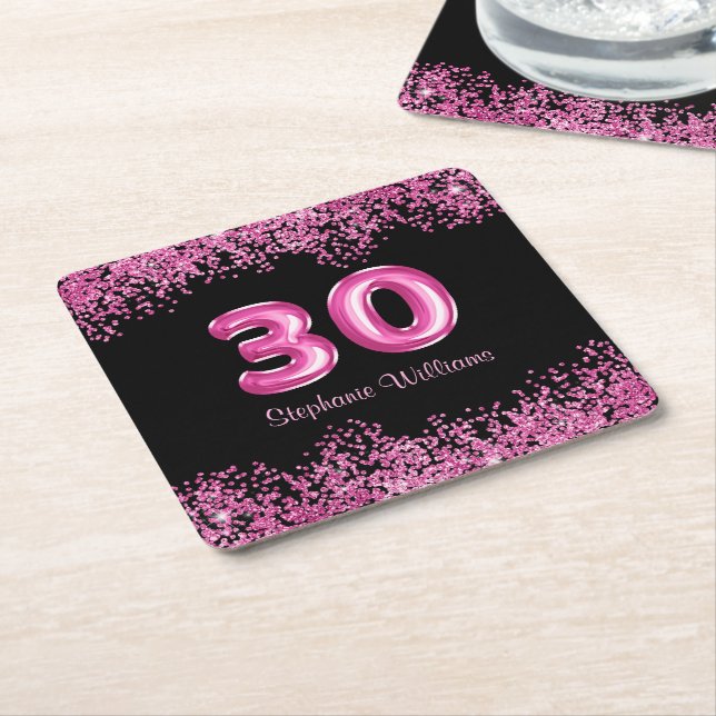 Glam Black Pink Foil Ballon 30. Geburtstag Party Rechteckiger Pappuntersetzer (angewinkelt)