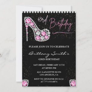 Glam Black Pink Silber Diamant 43. Geburtstag Einladung