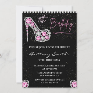 Glam Black Pink Silber Diamant 94. Geburtstag Einladung