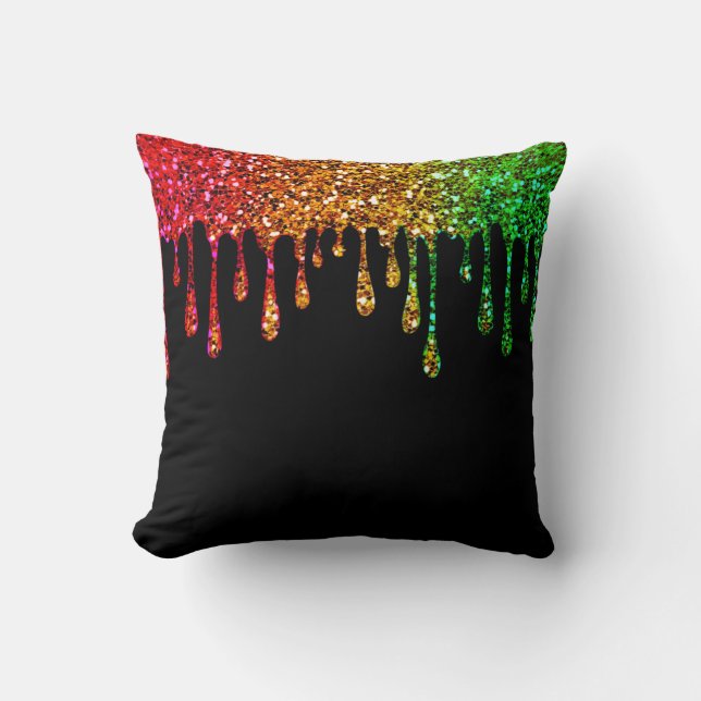 Glam Black Rasta Rainbow Glitzer Tropfen Kissen (Vorderseite)