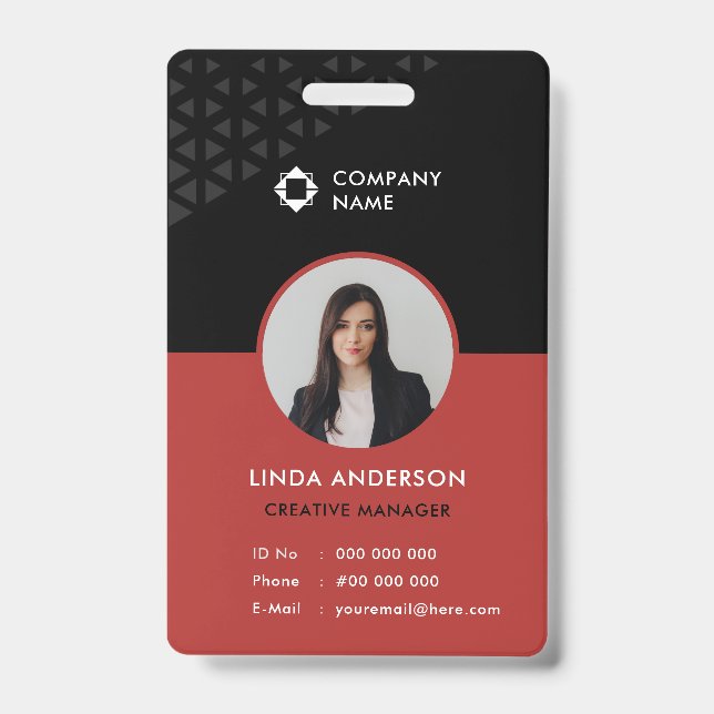 Glam Black Red Employee Foto ID Abstraktes Muster Ausweis (Vorderseite)