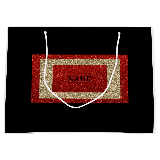Glam Black Red und Gold Glitzer Name Große Geschenktüte (Vorderseite)