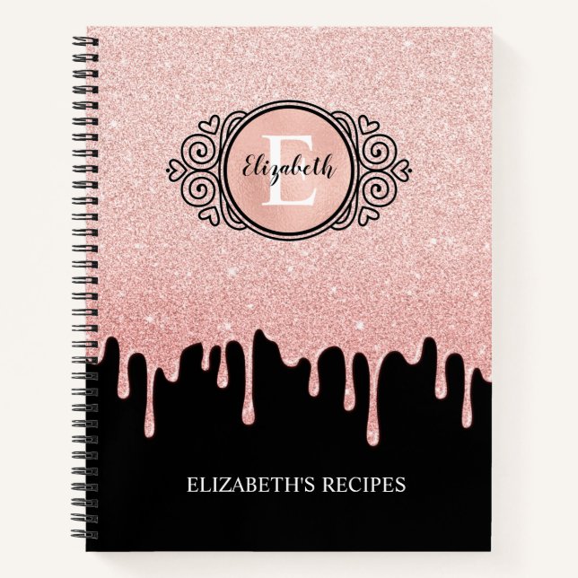Glam Black Rose Gold Driving Glitzer Rezept Notizbuch (Vorderseite)