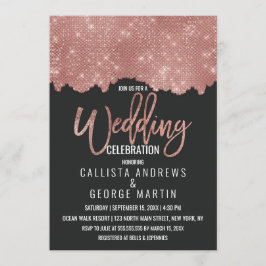 Glam Black Rose Gold Glitzer Farbblock Hochzeit Einladung