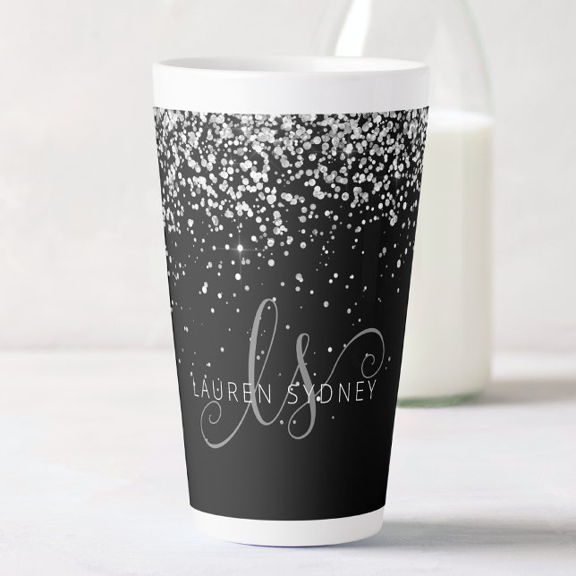 Glam Black Silver Glitter Glam Monogram Milchtasse (Von Creator hochgeladen)
