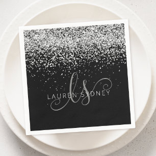 Glam Black Silver Glitter Glam Monogram Serviette