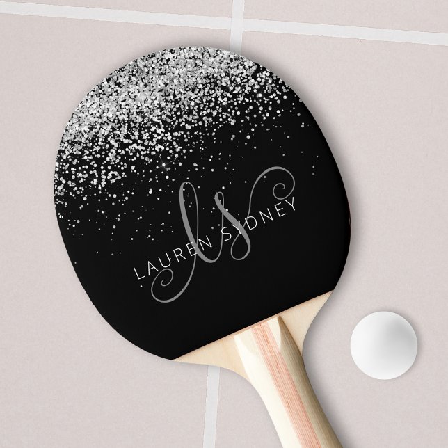 Glam Black Silver Glitzer Glam Monogram Name Tischtennis Schläger (Von Creator hochgeladen)