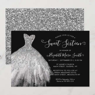 Glam Black Silver Glitzer Kleid Sweet 16 Geburtsta Einladung