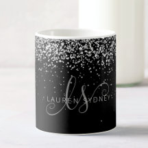Glam Black Silver Glitzer Monogram Name Coffee Tas