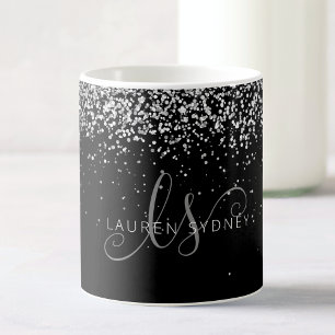 Glam Black Silver Glitzer Monogram Name Coffee Tas Kaffeetasse