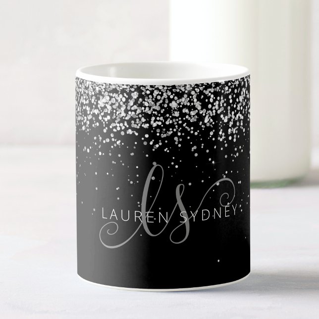 Glam Black Silver Glitzer Monogram Name Coffee Tas Kaffeetasse (Von Creator hochgeladen)