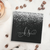 Glam Black Silver Glitzer Monogram Name