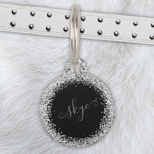 Glam Black Silver Glitzer Monogram Name Haustiermarke
