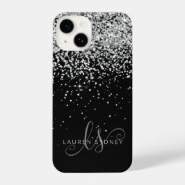 Glam Black Silver Glitzer Monogram Name iPhone 14 Hülle