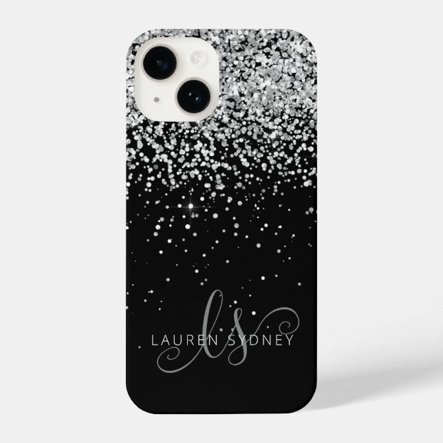 Glam Black Silver Glitzer Monogram Name iPhone Hülle (Rückseite)
