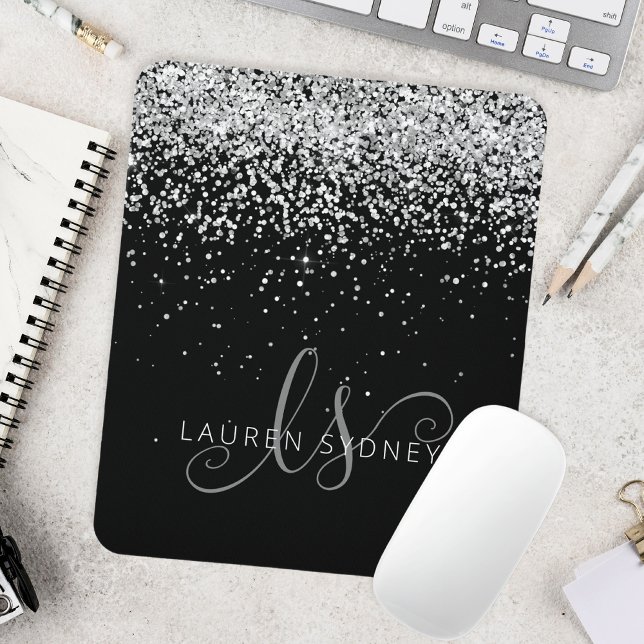 Glam Black Silver Glitzer Monogram Name Mousepad (Von Creator hochgeladen)
