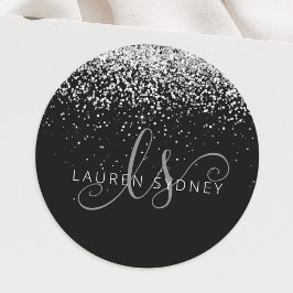 Glam Black Silver Glitzer Monogram Name Runder Aufkleber