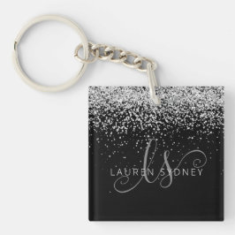 Glam Black Silver Glitzer Monogram Name Schlüsselanhänger