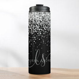 Glam Black Silver Glitzer Monogram Name Thermosbecher