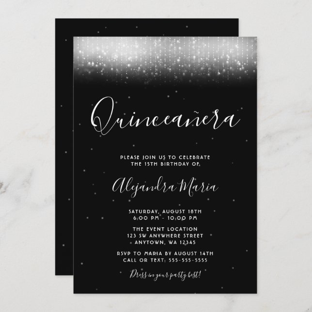 Glam Black und White Quinceañera Einladung (Vorne/Hinten)