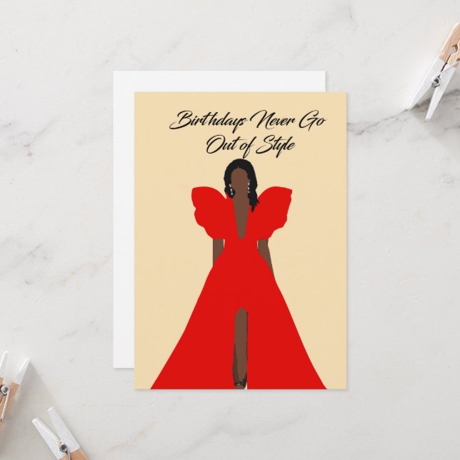 Glam Black Woman Card| Red Dress Birthday  Einladung (Vorderseite/Rückseite Beispiel)