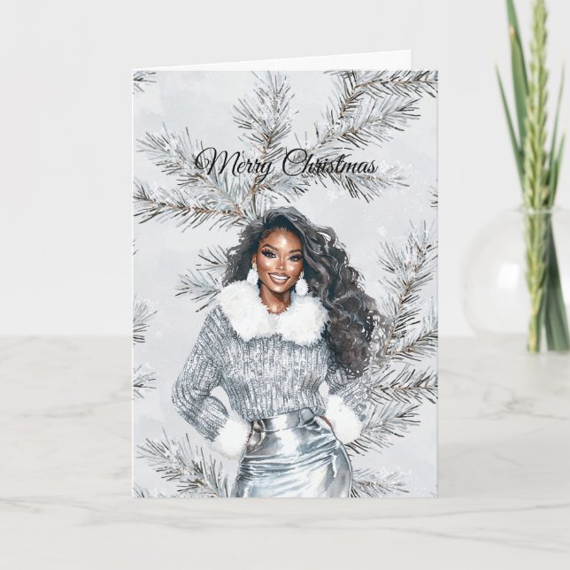 Glam Black Woman Silver Christmas Tree Branches Karte (Vorderseite)