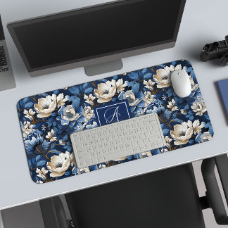 Glam Blau Elfenbein Blumen Benutzerdefinierter Nam Schreibtischunterlage