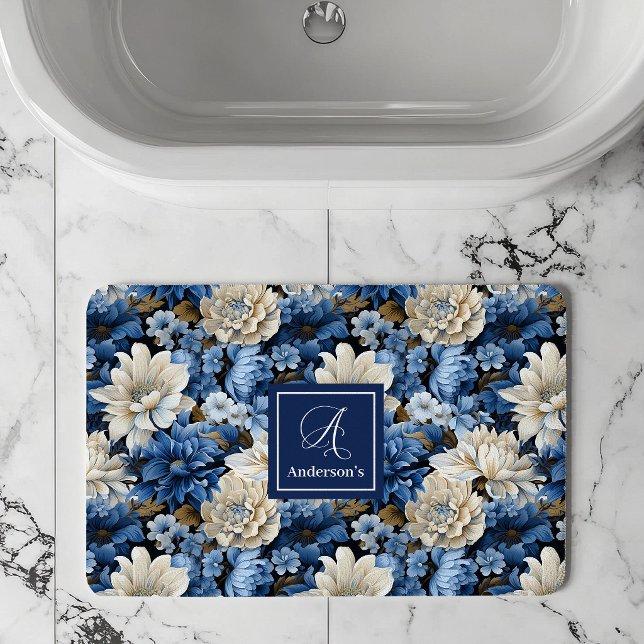 Glam Blau Elfenbein Blumen Benutzername Badematte (Glam Blue Ivory Flowers Custom Name Bath Mat)