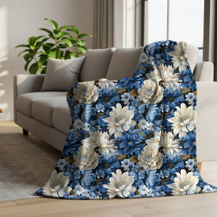Glam Blau Elfenbein Blumen Kuschel Fleece Decke Sherpadecke
