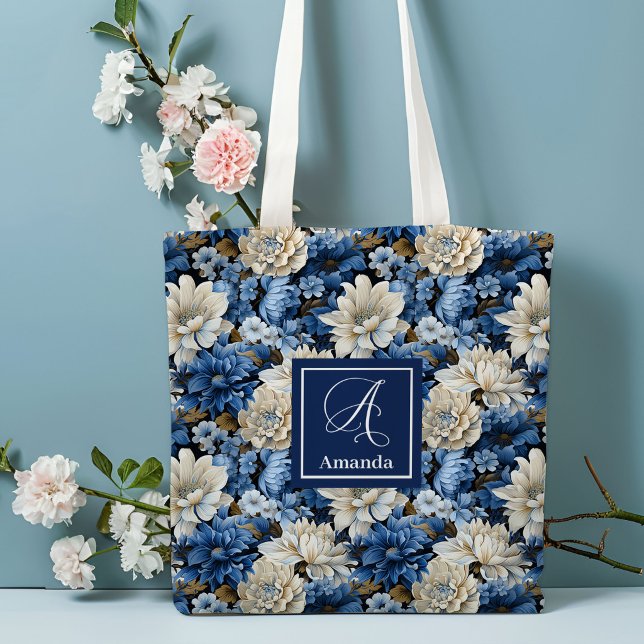 Glam Blau Elfenbein Blumen Maßgeschneiderter Name  (Glam Blue Ivory Flowers Custom Name Tote Bag)