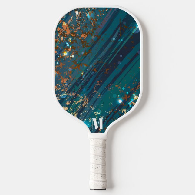 Glam Blau Funkelnd Muster Modernes Monogramm Pickleball Schläger (Vorderseite)