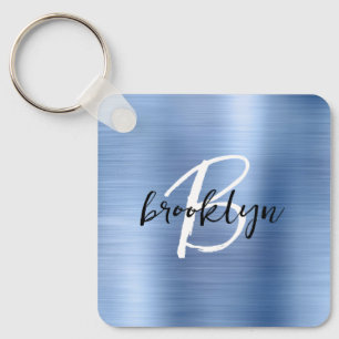 Glam Blau Gebürstetes Metall-Monogramm Schlüsselanhänger