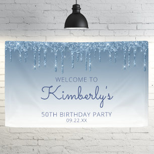 Glam Blau Glitter-Drip 50. Geburtstagsfeier Banner