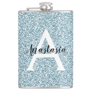 Glam Blau Silber Glitter Funkeln Monogramm Name Flachmann