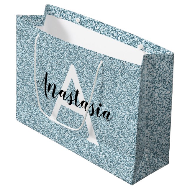 Glam Blau Silber Glitter Funkeln Monogramm Name Große Geschenktüte (Vorderseite Schrägansicht)