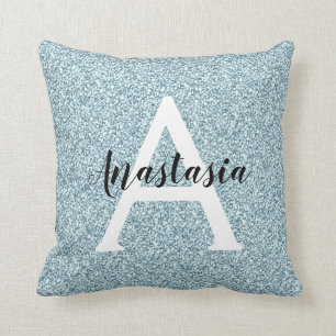 Glam Blau Silber Glitter Funkeln Monogramm Name Kissen