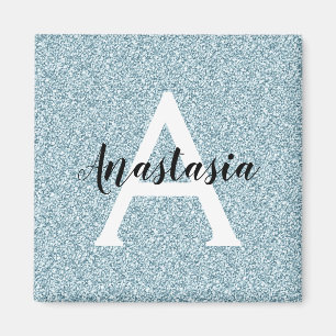 Glam Blau Silber Glitter Funkeln Monogramm Name Magnet