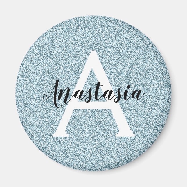 Glam Blau Silber Glitter Funkeln Monogramm Name Magnet (Vorne)